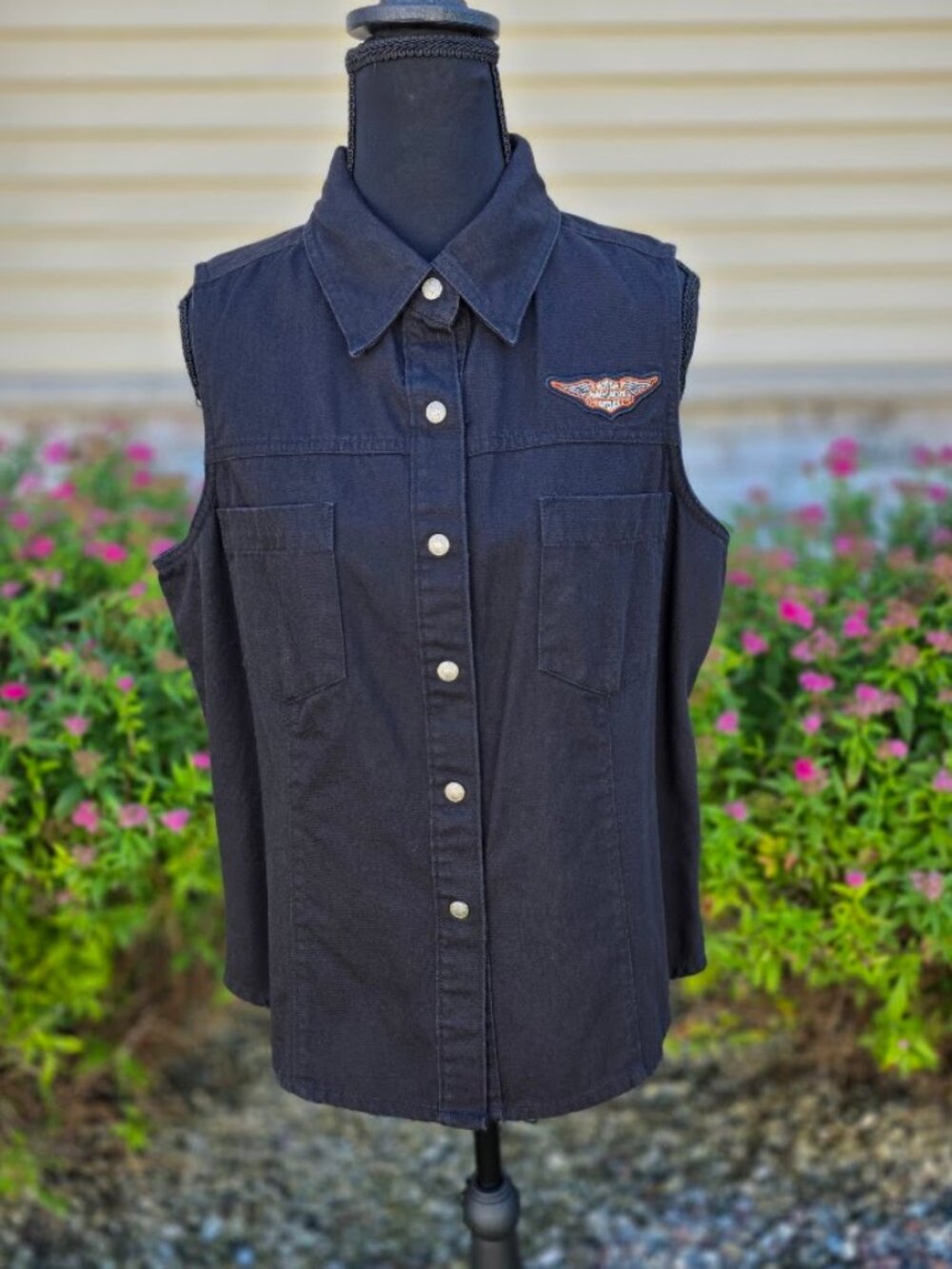 Y2K Harley Davidson Black Sleeveless Denim Shirt Vest Womens L